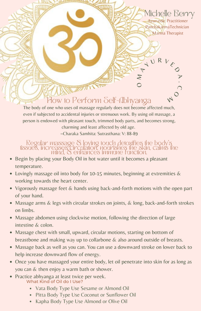 Regular massage and loving touch detoxifies the body's tissues, increases circulation, nourishes the skin, calms the mind and enhances the immune system.