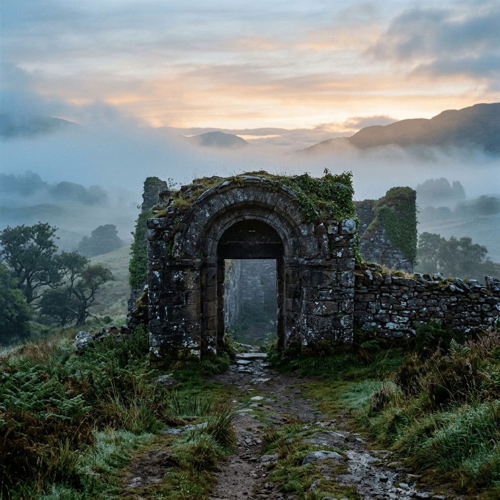 Stone archway ruins with moss and ivy in a foggy countryside at sunrise